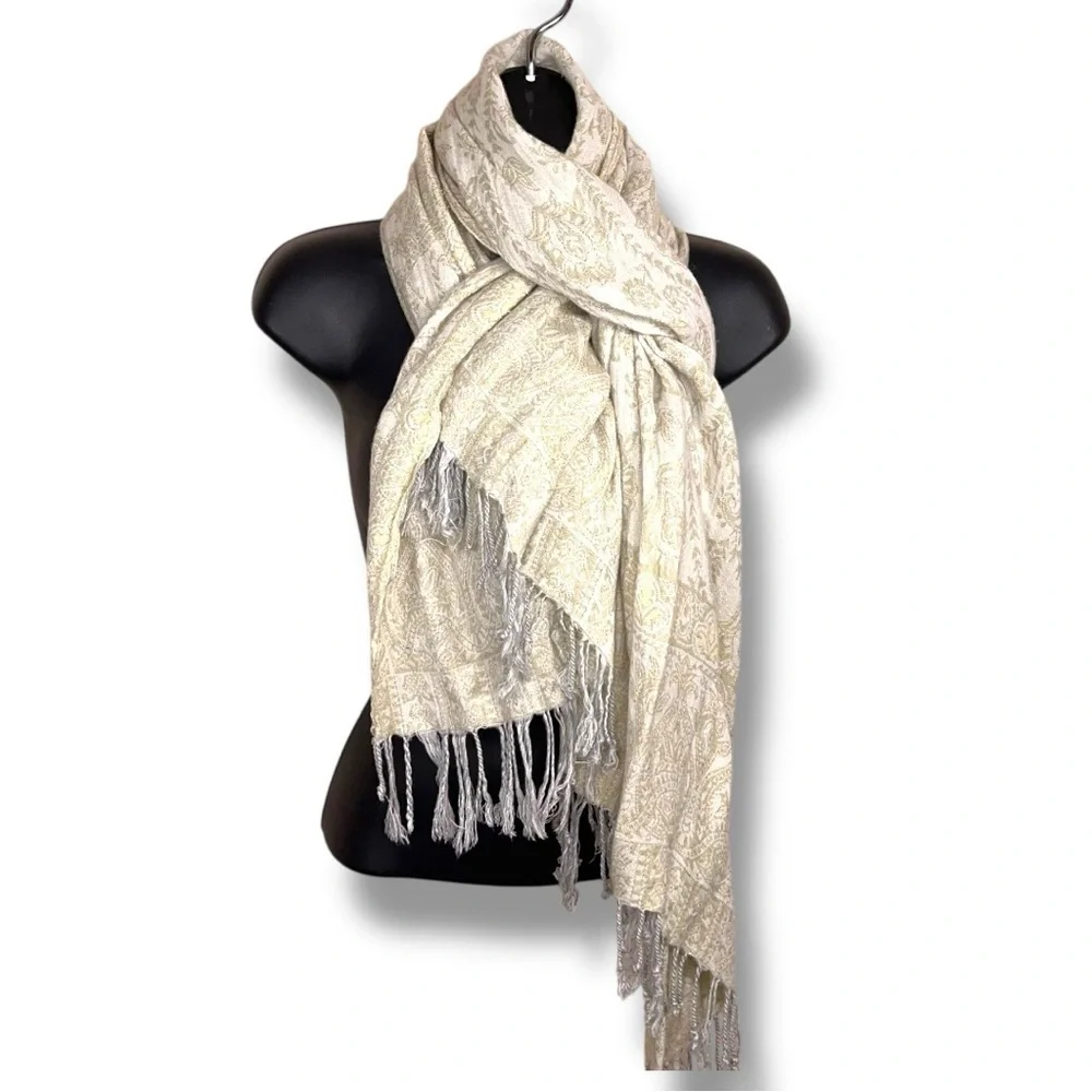 Ivory Cream Scarf Paisley Floral Fringe Accent Wrap Made In India Boho Bohemian